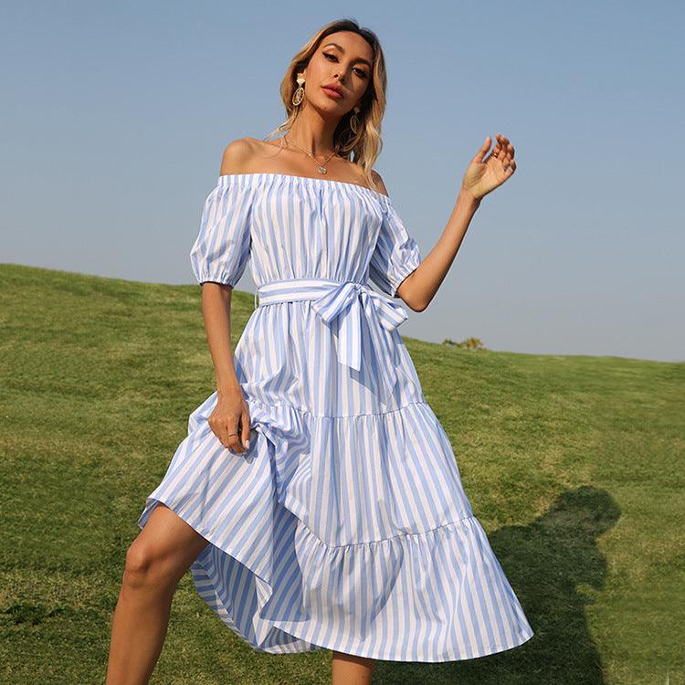 Ladies Stripe Off Shoulder Ruffle Midi Dress S214