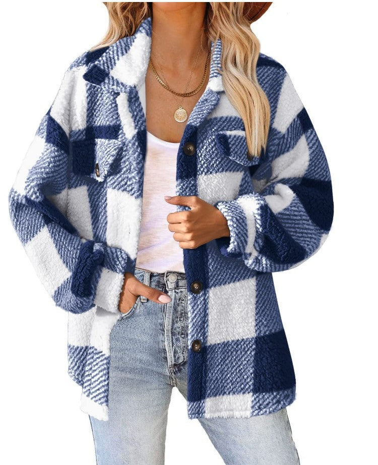 Ladies Tartan Turndown Collar Botton Jacket XG024