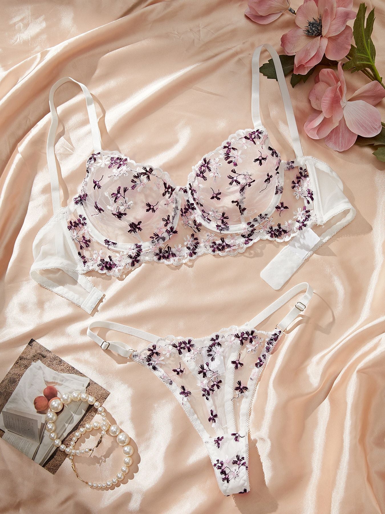 Ladies Floral Embroidery color Block Lingerie Set SKLG4034