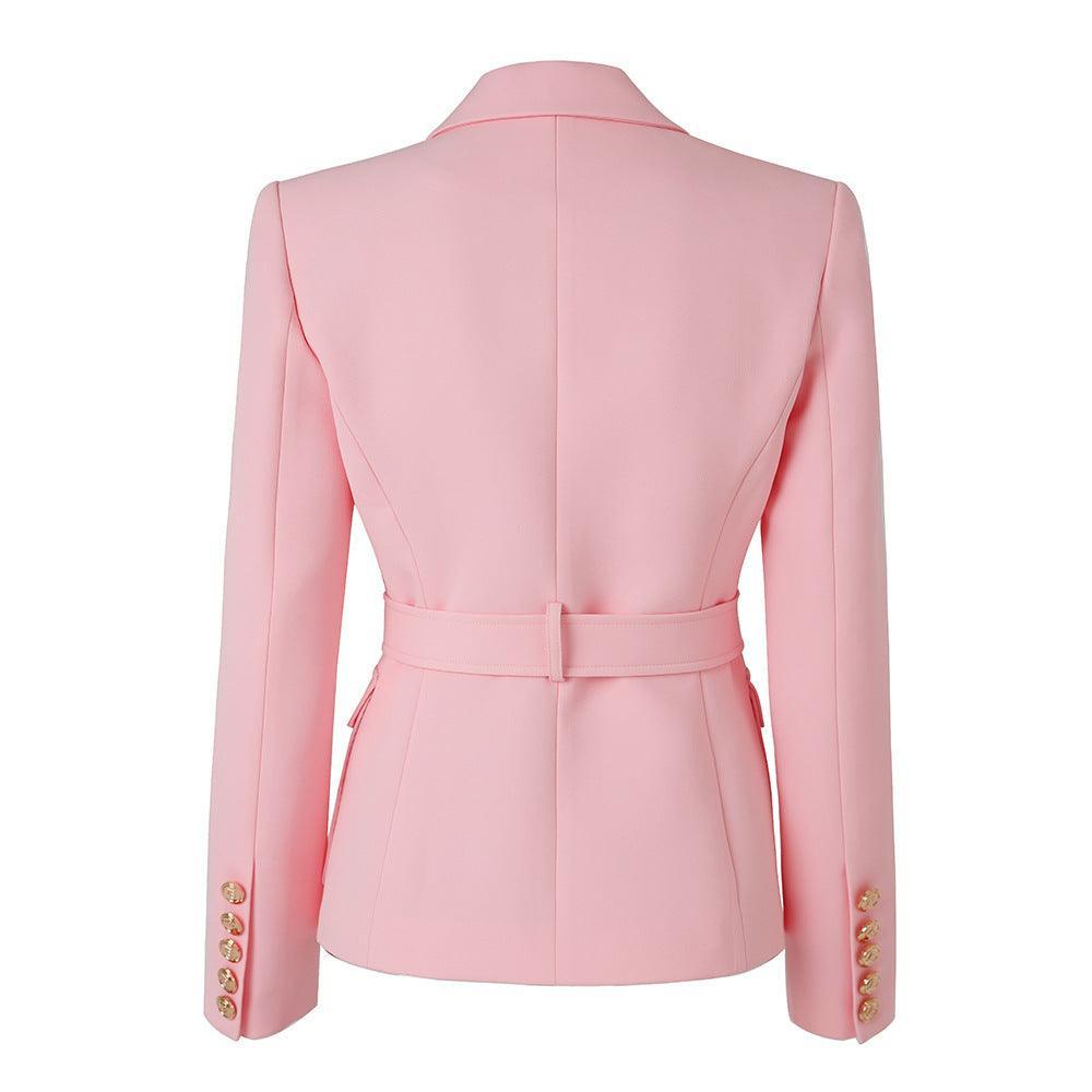 Ladies Solid Color Double Breasted Belted Blazer 2120