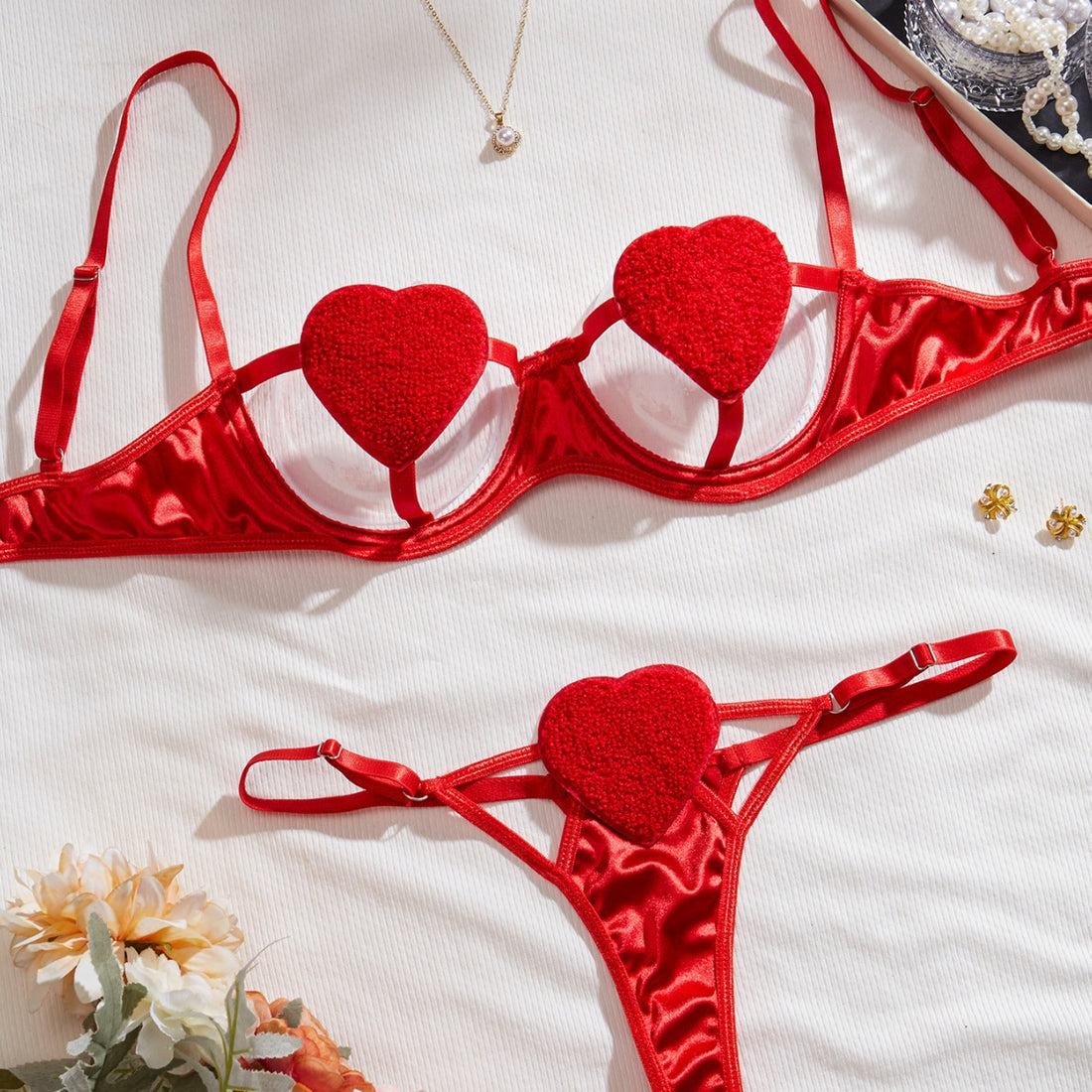 Ladies Valentine Red Heart Sexy 2PCS Lingerie Set SKLG4061