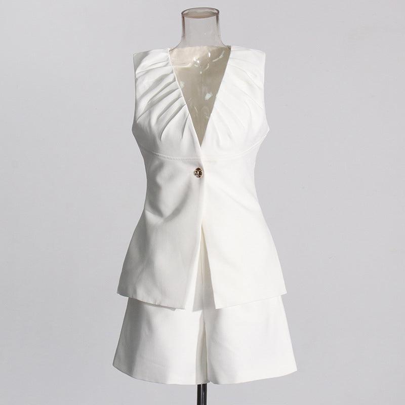 Ladies Elegant V-Neck Sleeveless Blazer Top & Shorts Set SXST505126