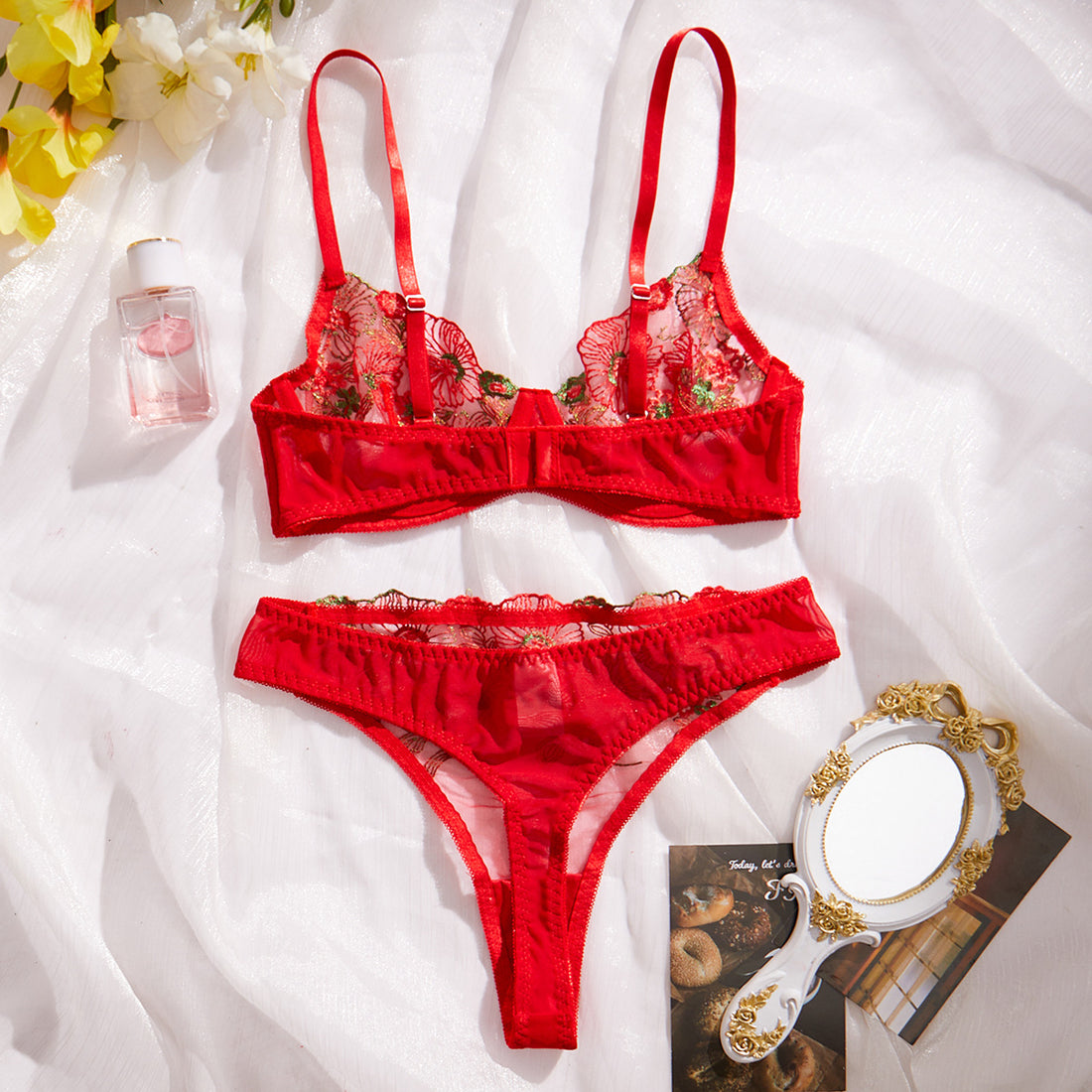 Ladies Floral Embroidery See Through 2PCS Lingerie Set SKLG4032