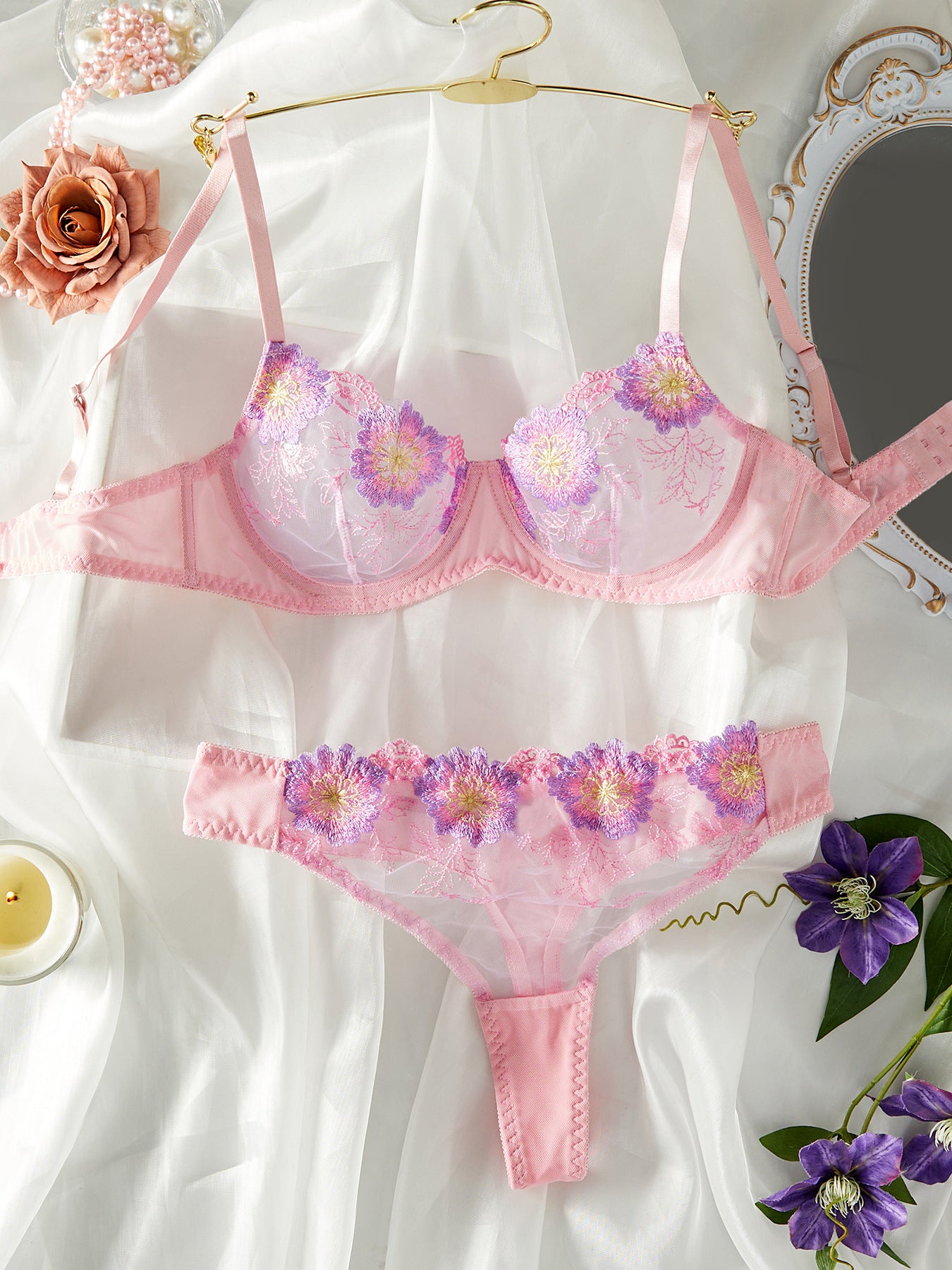 Ladies Floral Embroidery 2PCS Lingerie Set SKLG4164