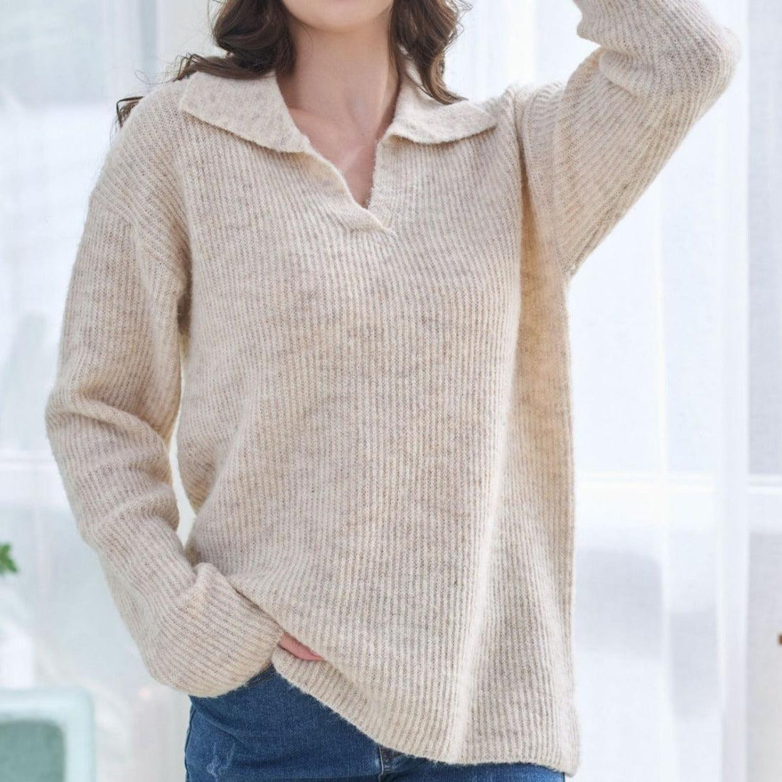 Ladies Solid Color Lapel Neck Knit Sweater A26002