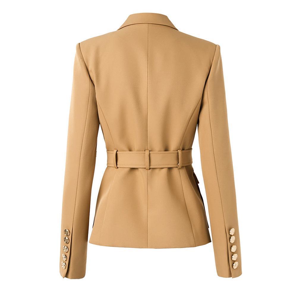 Ladies Solid Color Double Breasted Belted Blazer 0802