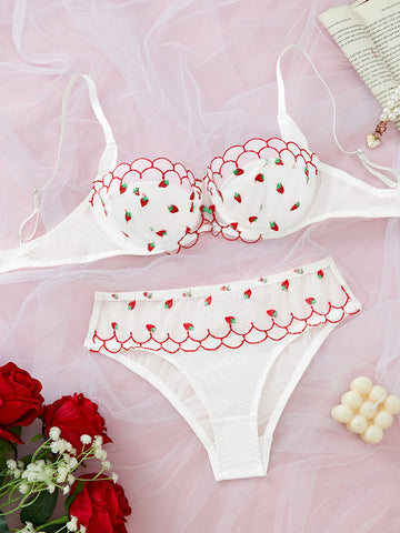 Ladies Color Block Strawberry Embroidery Lingerie Set SKLG4139