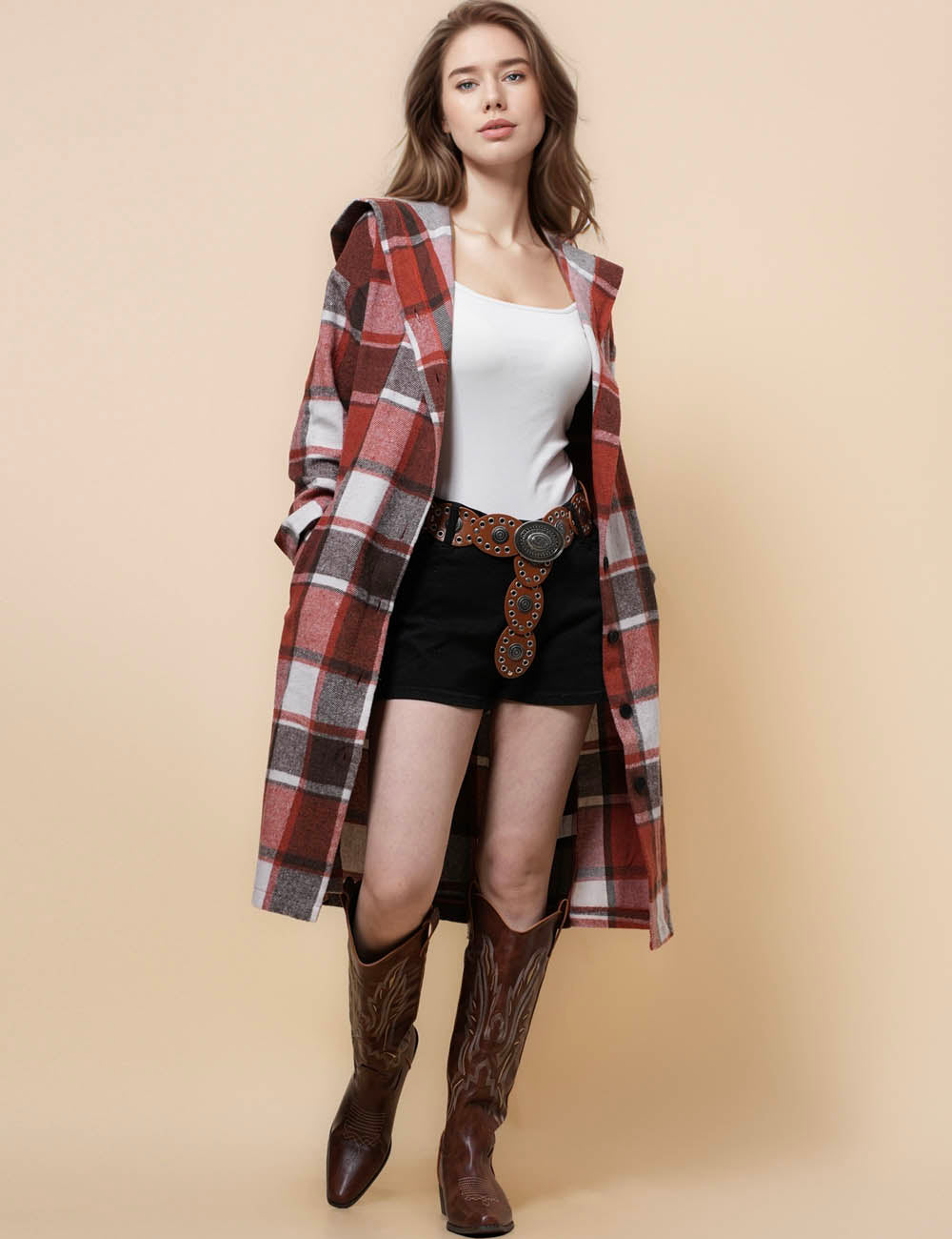 Ladies Plaid Hooded Long Sleeves Long Shirt SKT41238