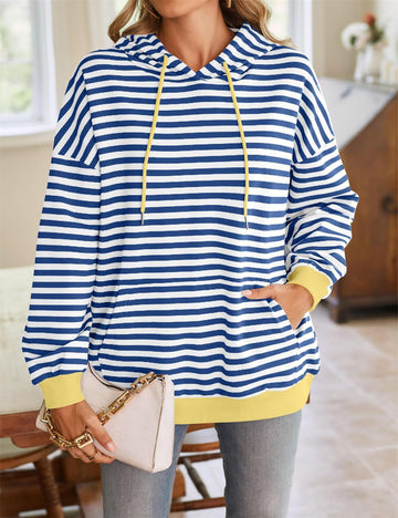 Ladies Striped Long Sleeves Drawstring Hoodie 8393