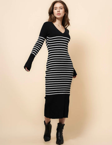 Ladies Color Block Stripe Knit Midi Dress SKD41235