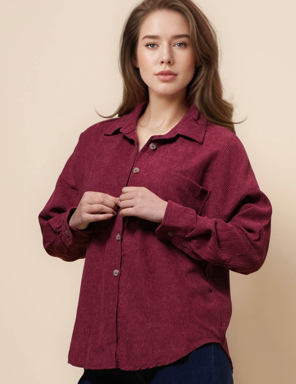 Ladies Corduroy Rib Turndown Collar Shirt SKT41151