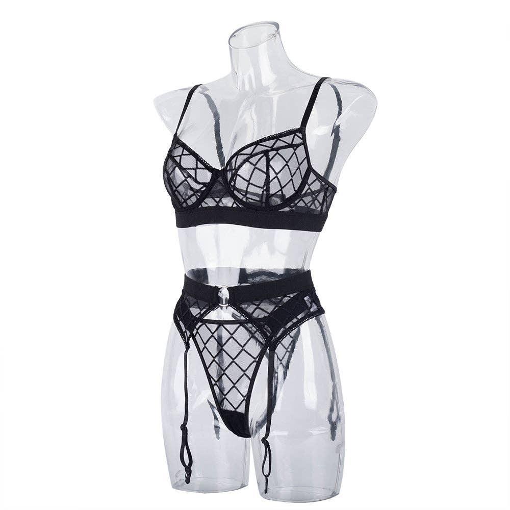 Argyle See Through Lingerie Set with Garter Belt LS1482 - SWEETKAMA