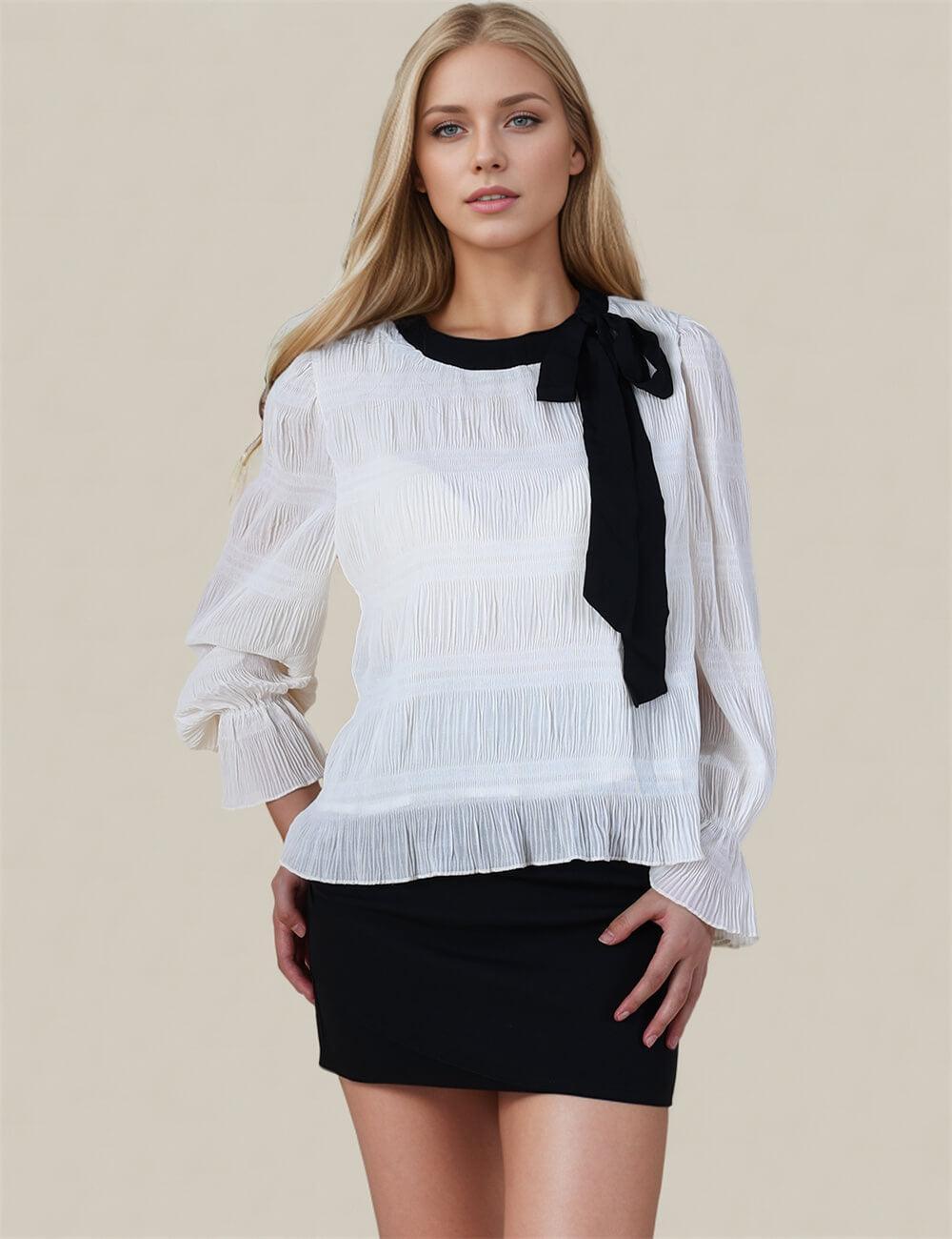 Ladies Crew Neck Bow Tie Bell Sleeves Blouse SKT0823