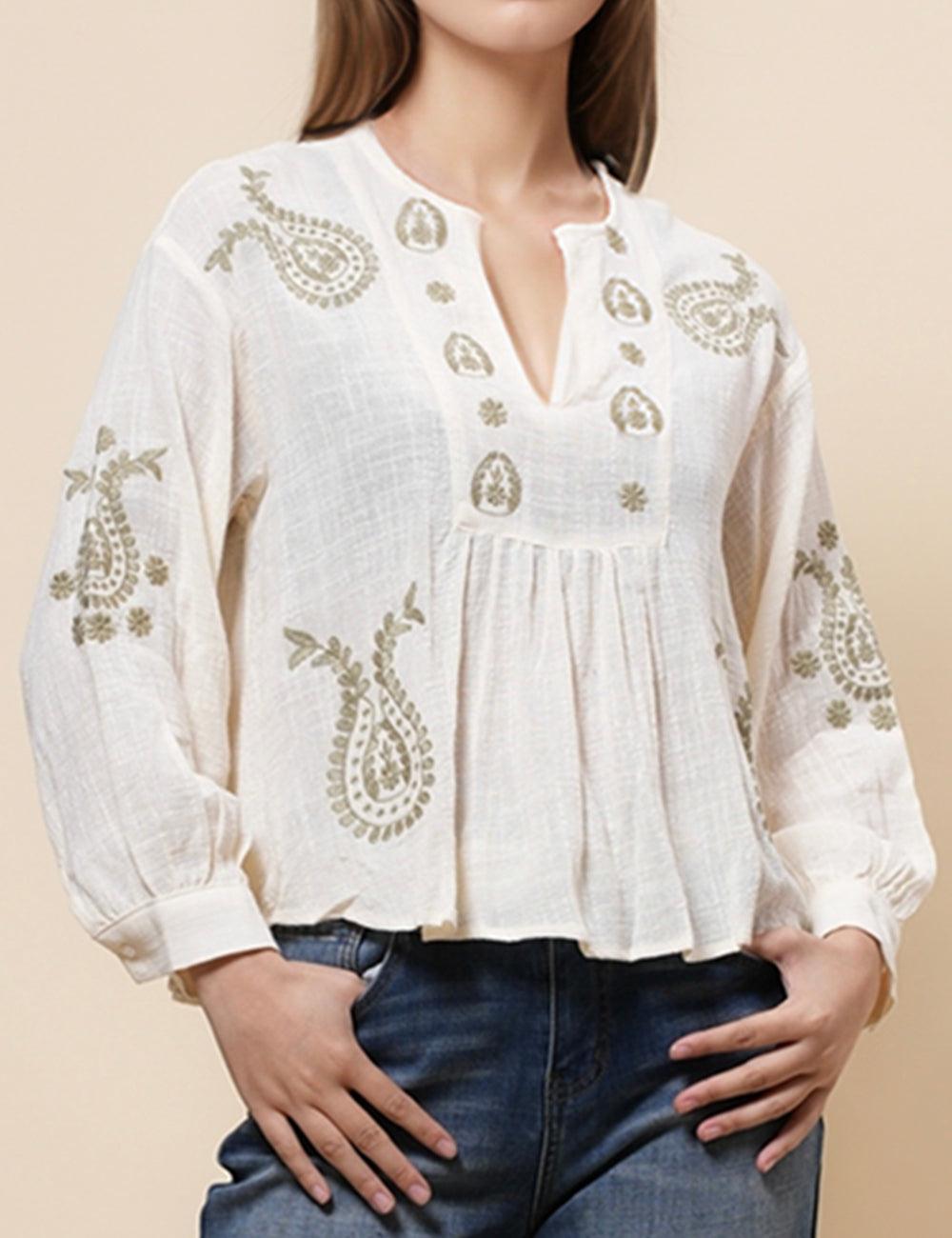 Ladies Casual Cotton Embroidery Blouse Shirt SKT4844