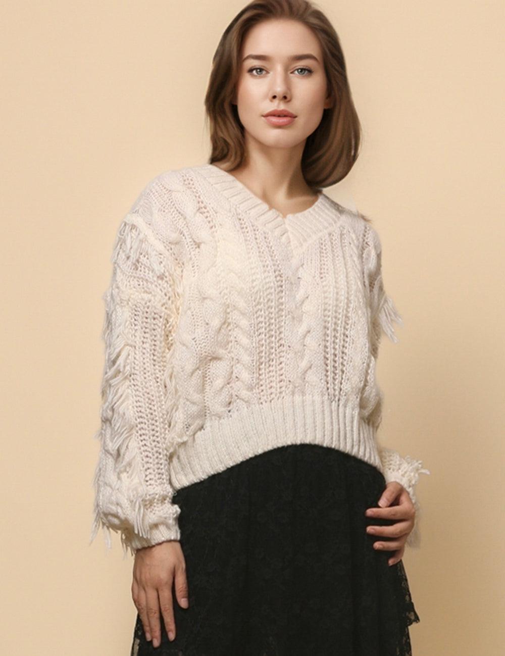 Ladies V-Neck Long Sleeve Tassels Pullover Sweater SKT4758