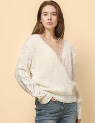 Ladies Lace Edge V-Neck Pullover Sweater SKT4771