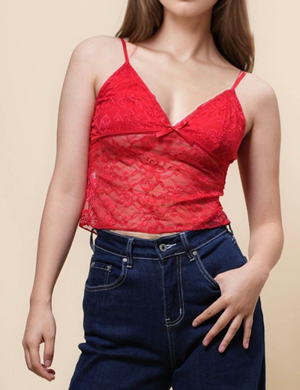 Ladies Hot Red Floral Lace See Sheer Camis SKT4987