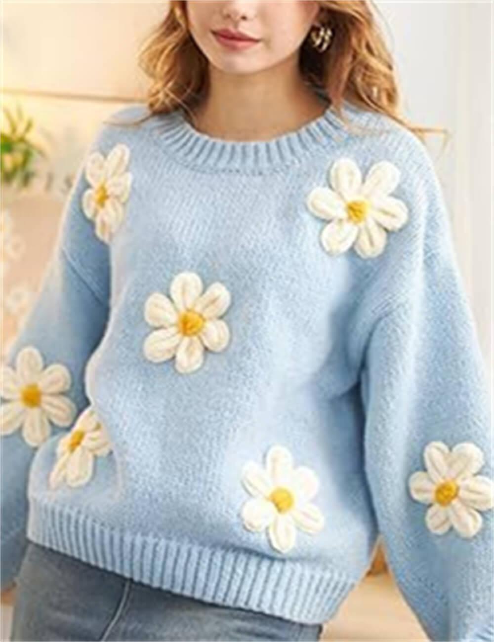 Ladies Floral Pattern Long Sleeves Knit Sweater W003