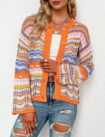 Ladies Hollow Out Button Down Knit Cardigan E2190