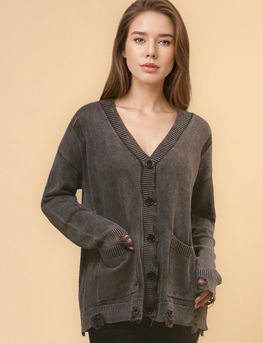 Ladies V-neck Washed Distressed Buttons Pocket Cardigan SKT4714