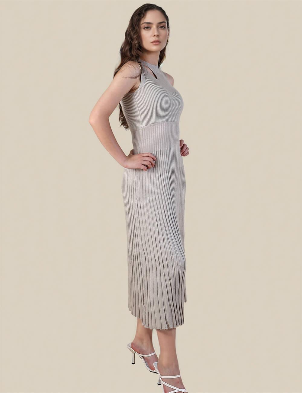 Ladies Solid Color Sleeveless Knit Midi Dress SKD0740