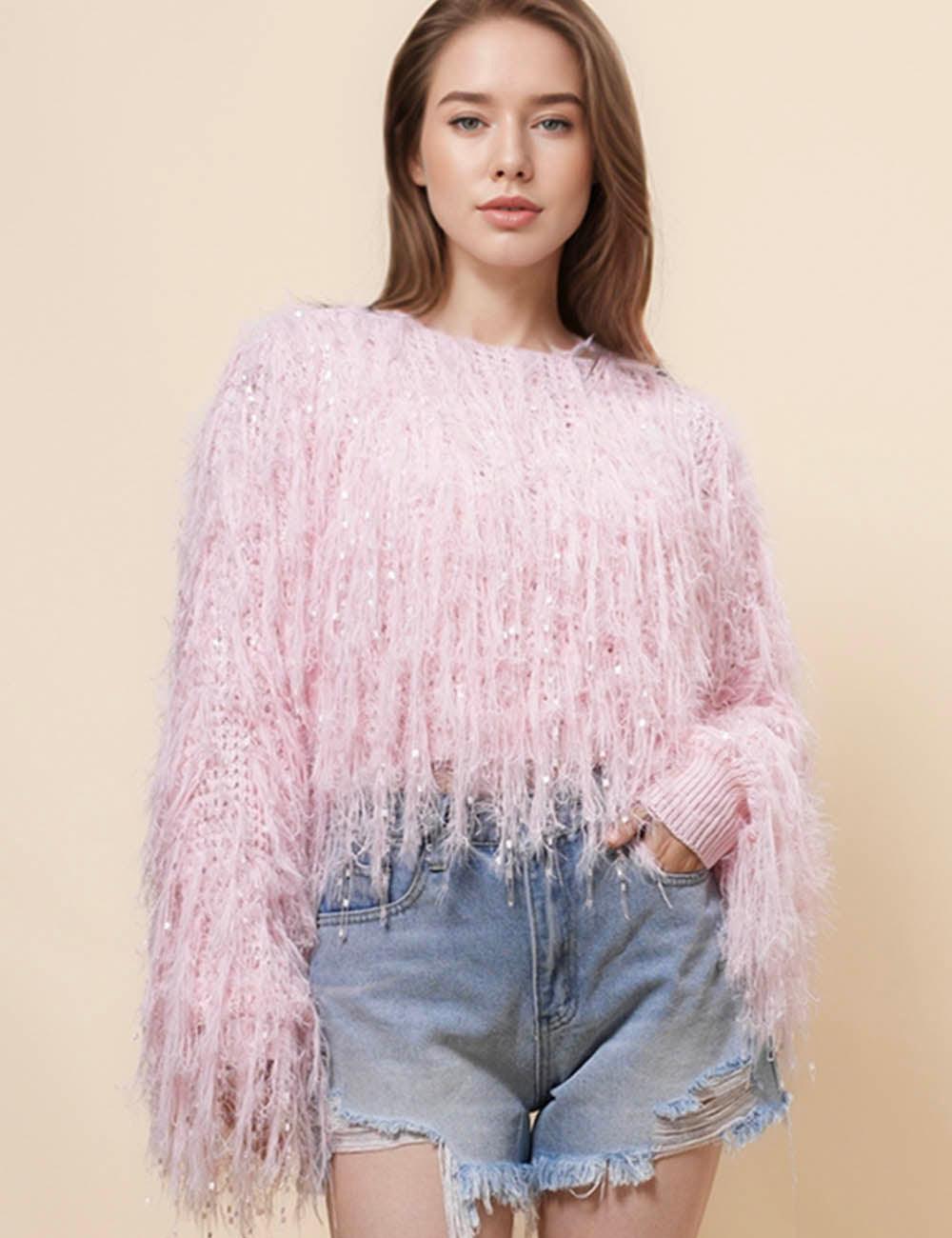 Ladies Tassels Pink Chic Faux Mink Pullover Sweater SKT4971