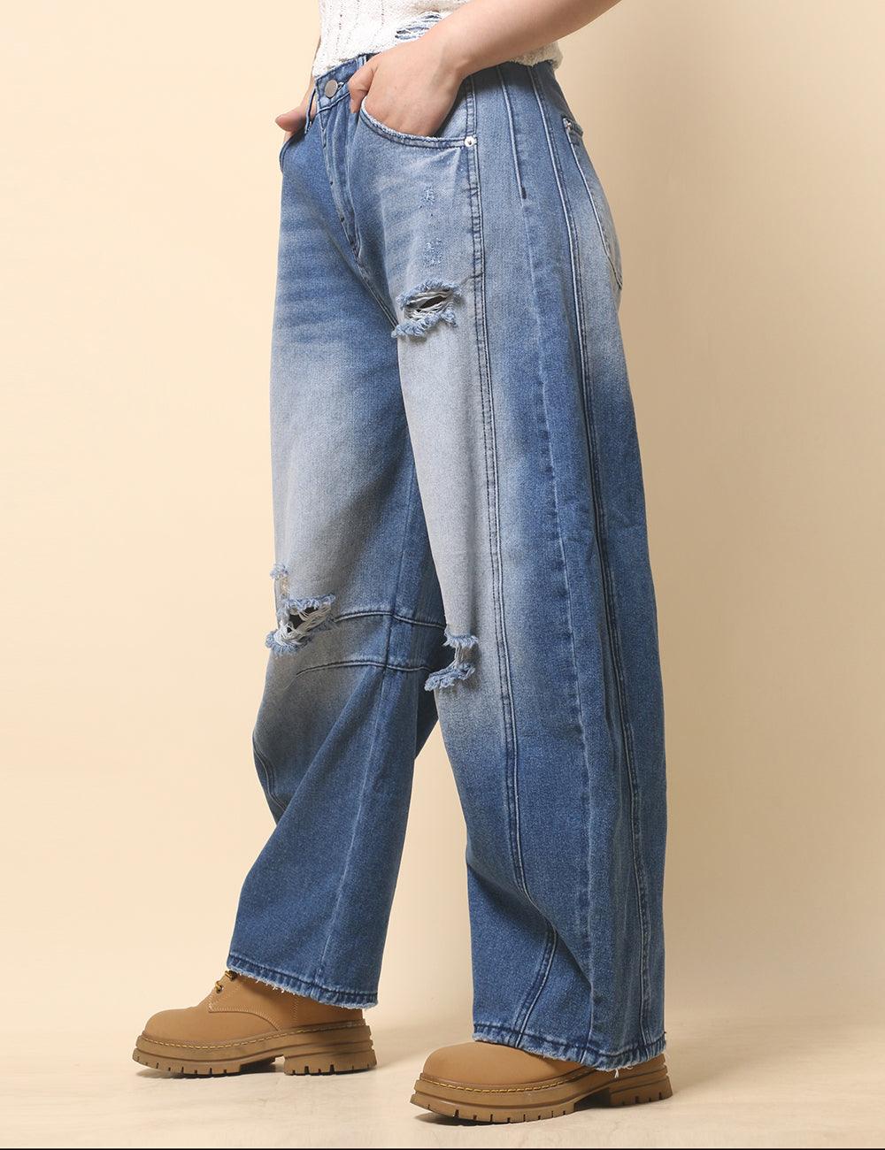 Ladies Mid Rise Barrel Leg Relaxed Jeans SKP522