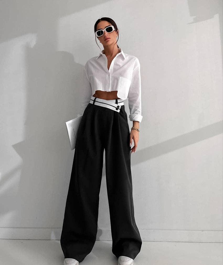 Black Split High Waist Wide Leg Loose Ladies Pants C-K0070 - SWEETKAMA