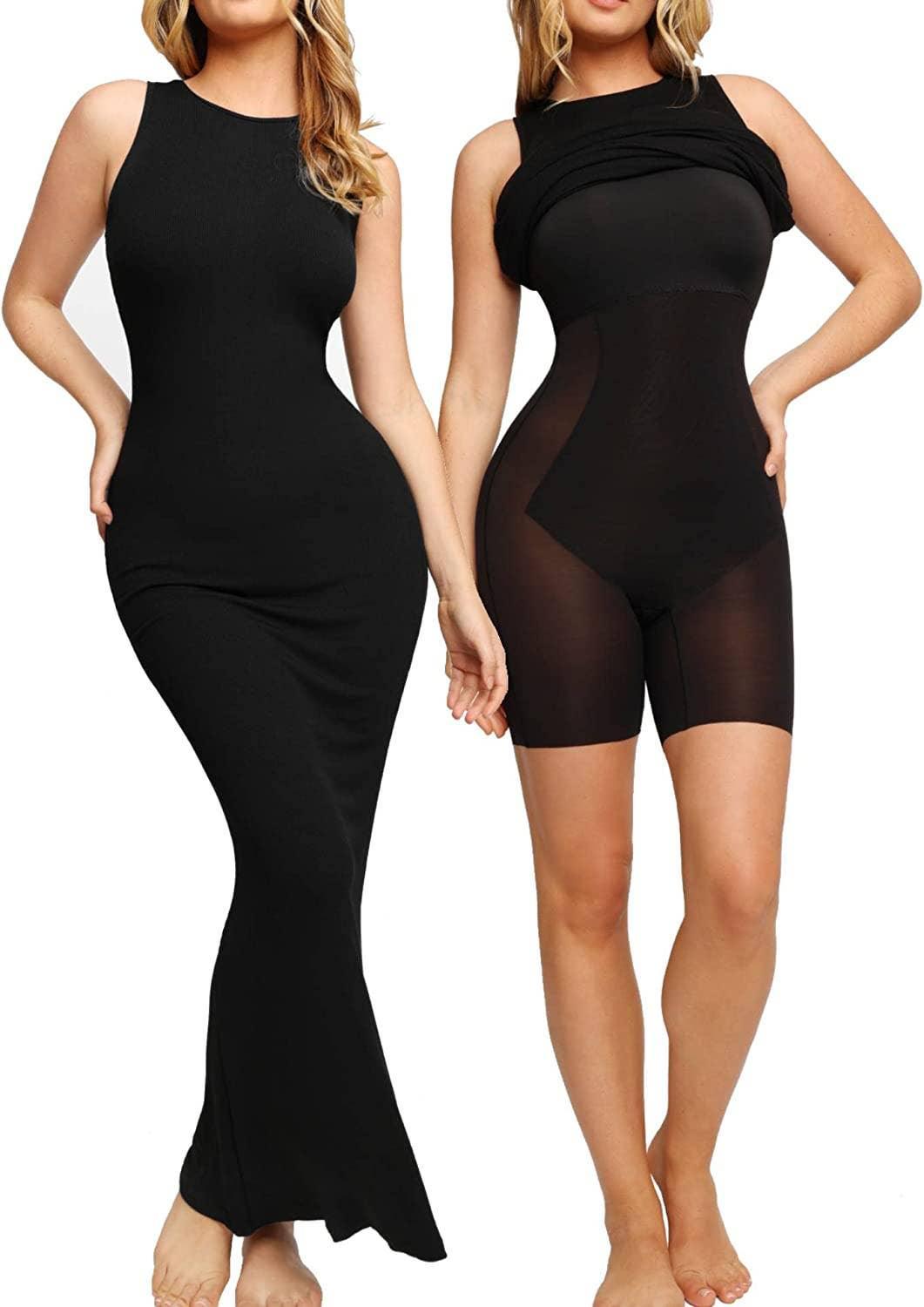 Bodycon Crew Neck Dress Black Shapewear Midi Dress SKD085 - SWEETKAMA