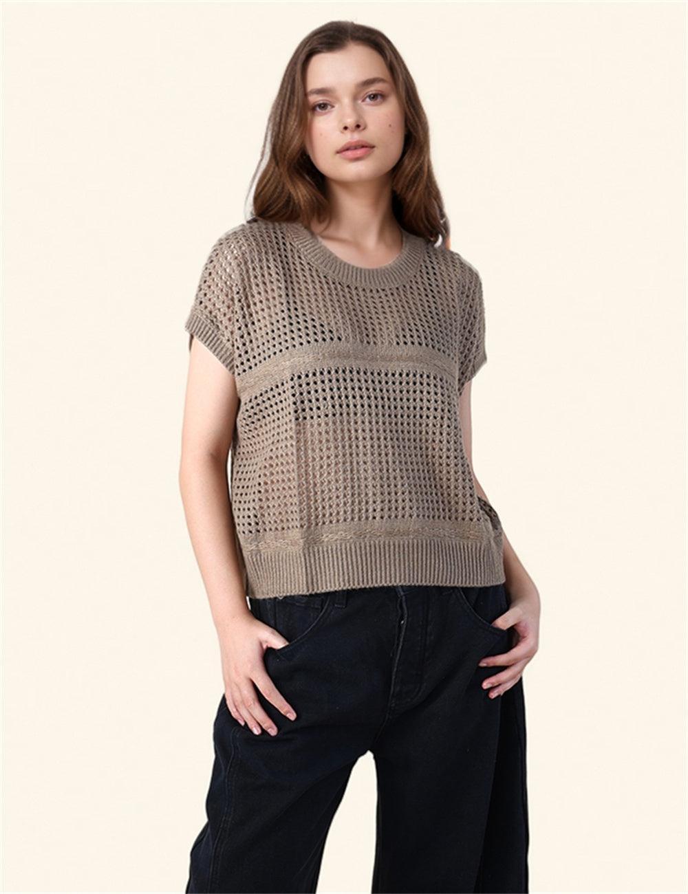 Ladies Solid Color Crochet Knit Top SKT0795