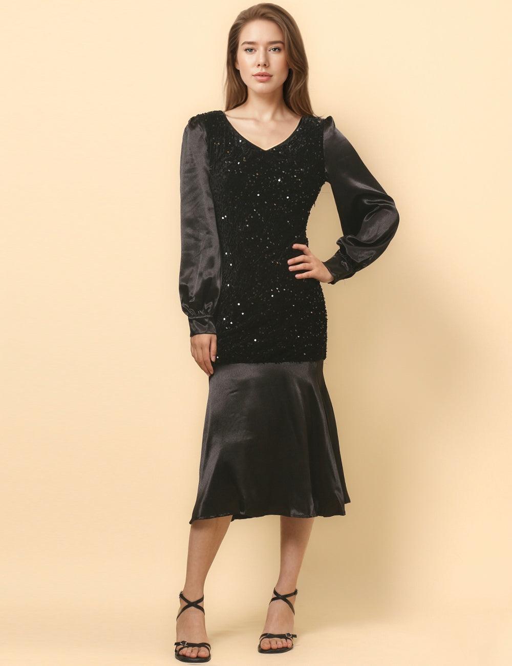 Ladies Velvet Satin Sequin Party Night Out Midi Dress SKD4857