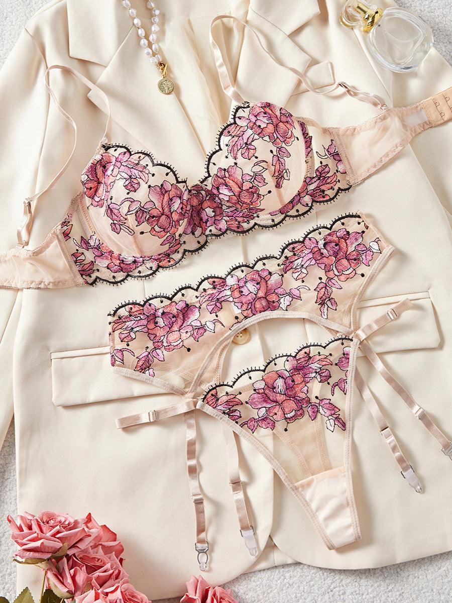 Ladies Embroidery Floral Bra Thong 3PCS Lingerie Set SKLG4002