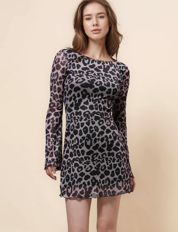 Ladies Leopard Mesh Backless Mini Dress SKD41043