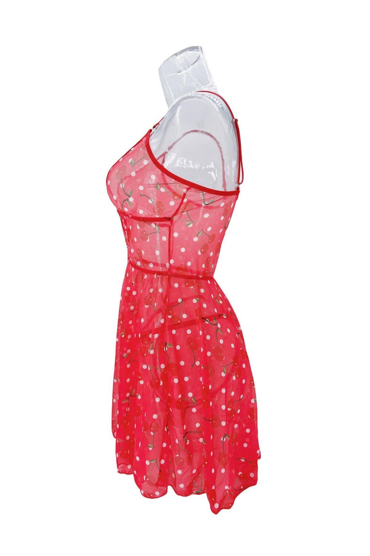 Cherry Print Sleeveless Short Sleep Chemise HF-4096 - SWEETKAMA