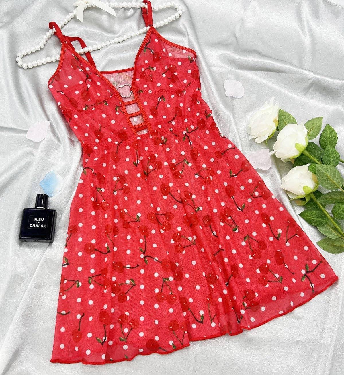 Cherry Print Sleeveless Short Sleep Chemise HF-4096 - SWEETKAMA