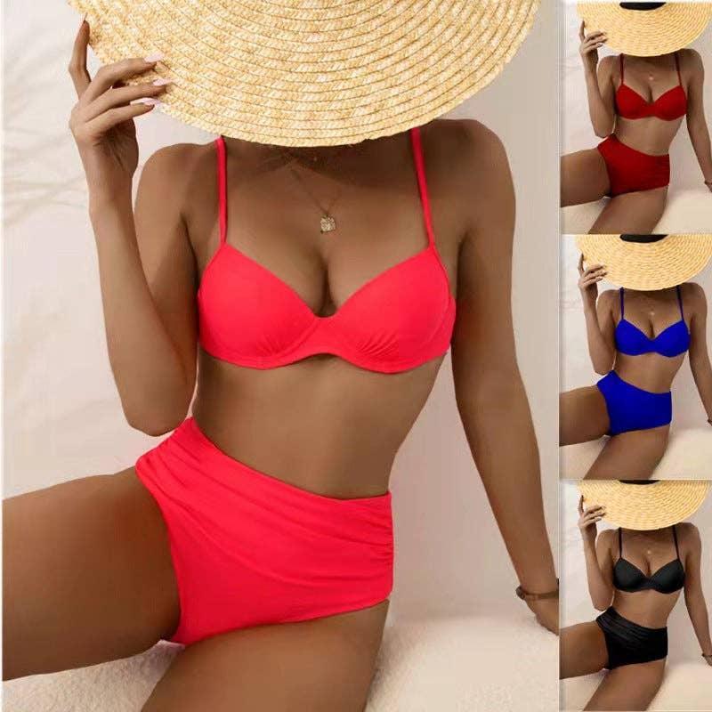 Classic Solid Color Two Shoulder 2PCS Bikini Set Y27 - SWEETKAMA