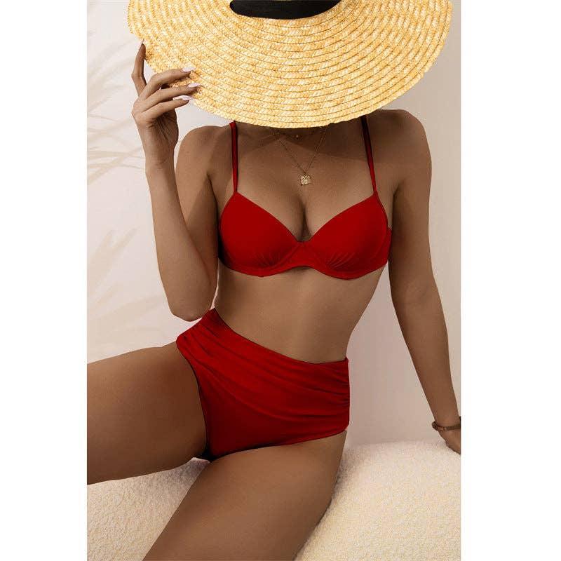 Classic Solid Color Two Shoulder 2PCS Bikini Set Y27 - SWEETKAMA