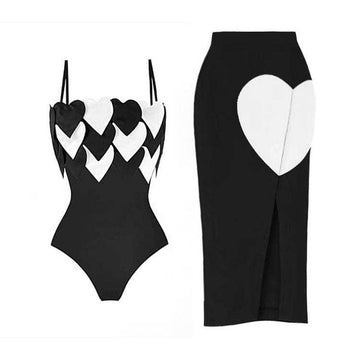 Color Block Heart One Piece Swimwear with Wrap Cover Y251 - SWEETKAMA