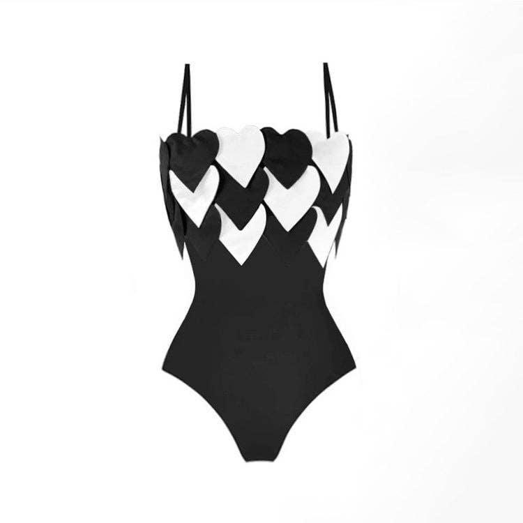 Color Block Heart One Piece Swimwear with Wrap Cover Y251 - SWEETKAMA