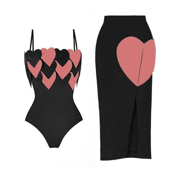 Color Block Heart One Piece Swimwear with Wrap Cover Y251 - SWEETKAMA