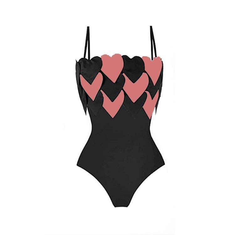 Color Block Heart One Piece Swimwear with Wrap Cover Y251 - SWEETKAMA