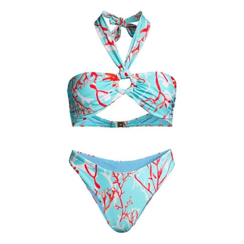 Coral Print 2PCS Bikini Set with Wrap Cover Y303 - SWEETKAMA