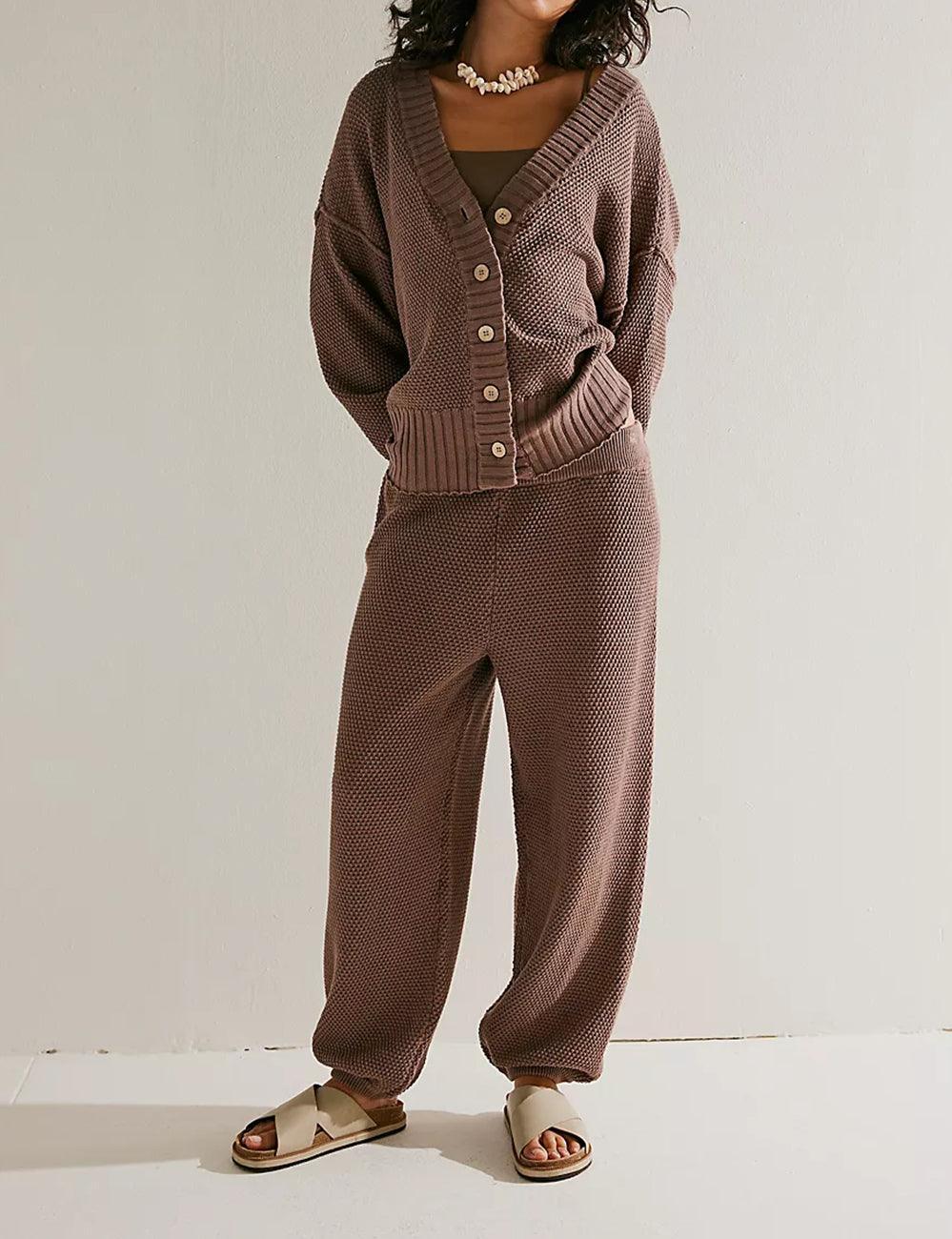 Ladies Solid Color Botton Sweater and Pants Set SKST375 - SWEETKAMA