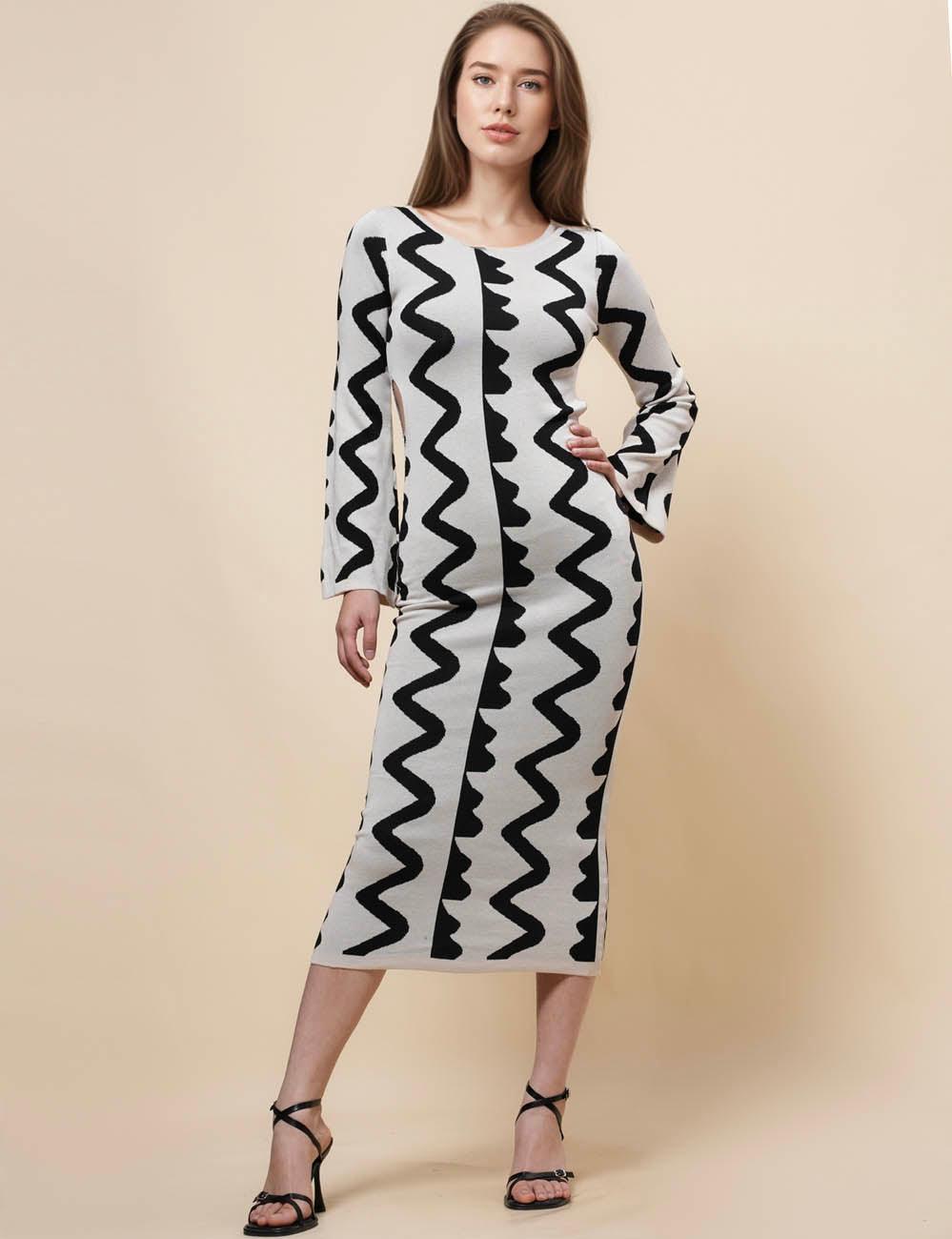 Ladies Waist Hallow Out Color Block Wavy Knit Midi Dress SKD4968