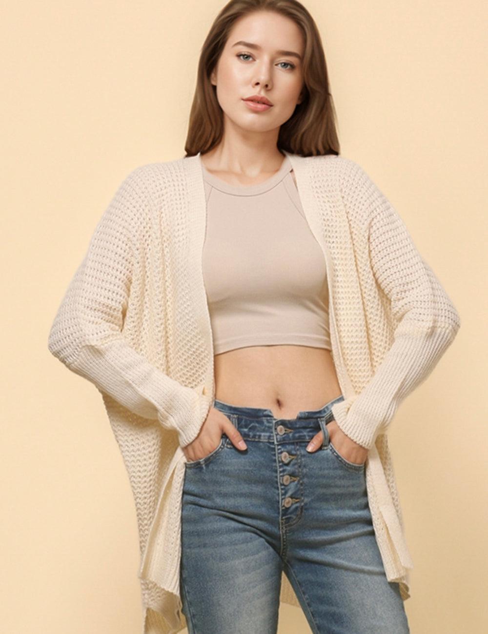 Ladies Solid Color Drop Shoulder Open Cardigan SKT4770