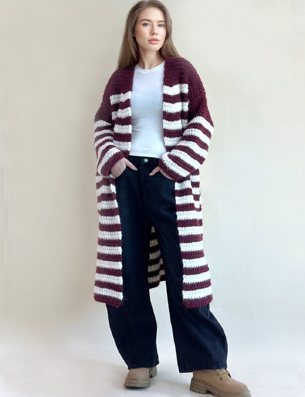 Ladies Open Front Wool Striped Cardigan 328