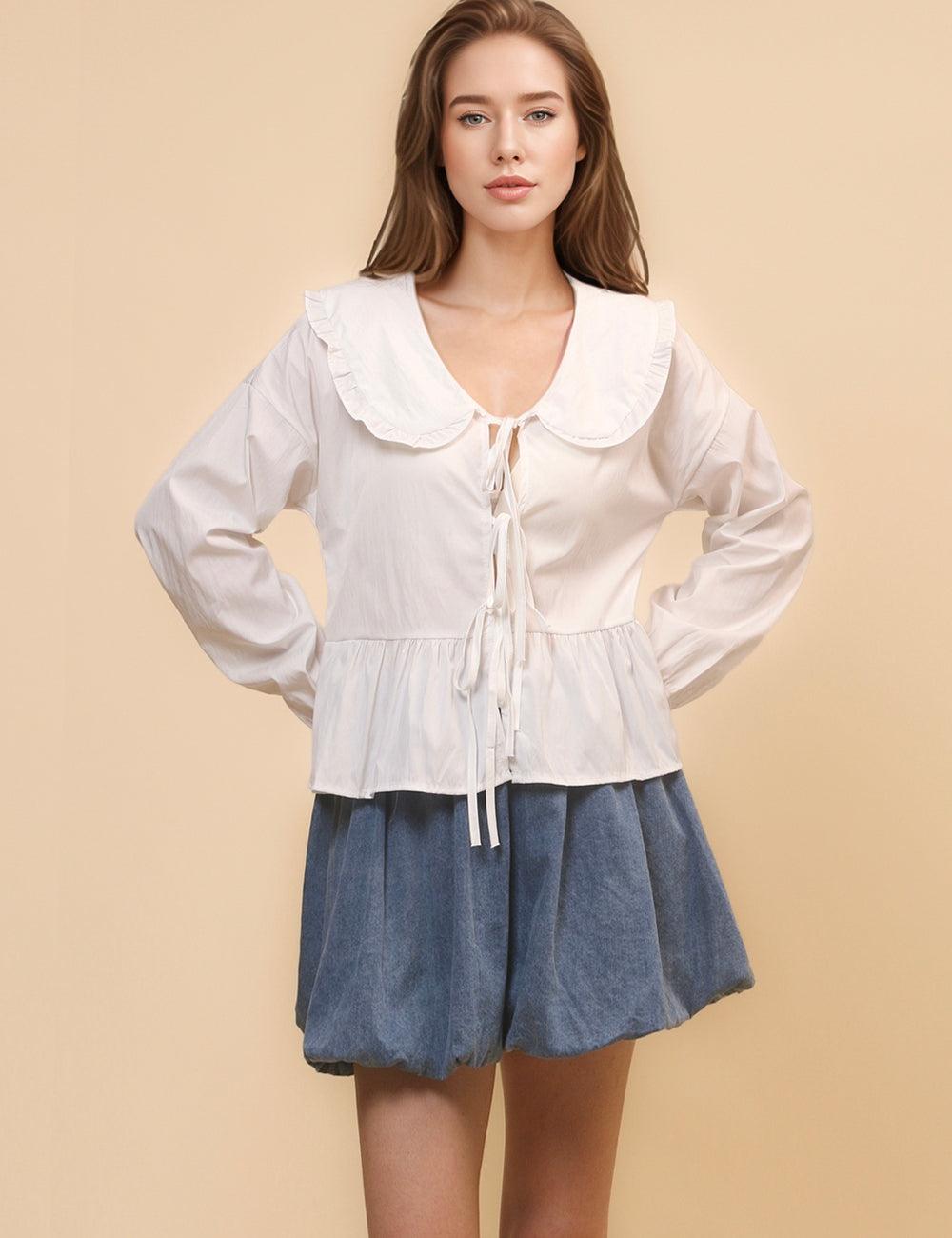 Ladies Solid Color Lapel Lace-up Long Sleeves Shirt SKT4675