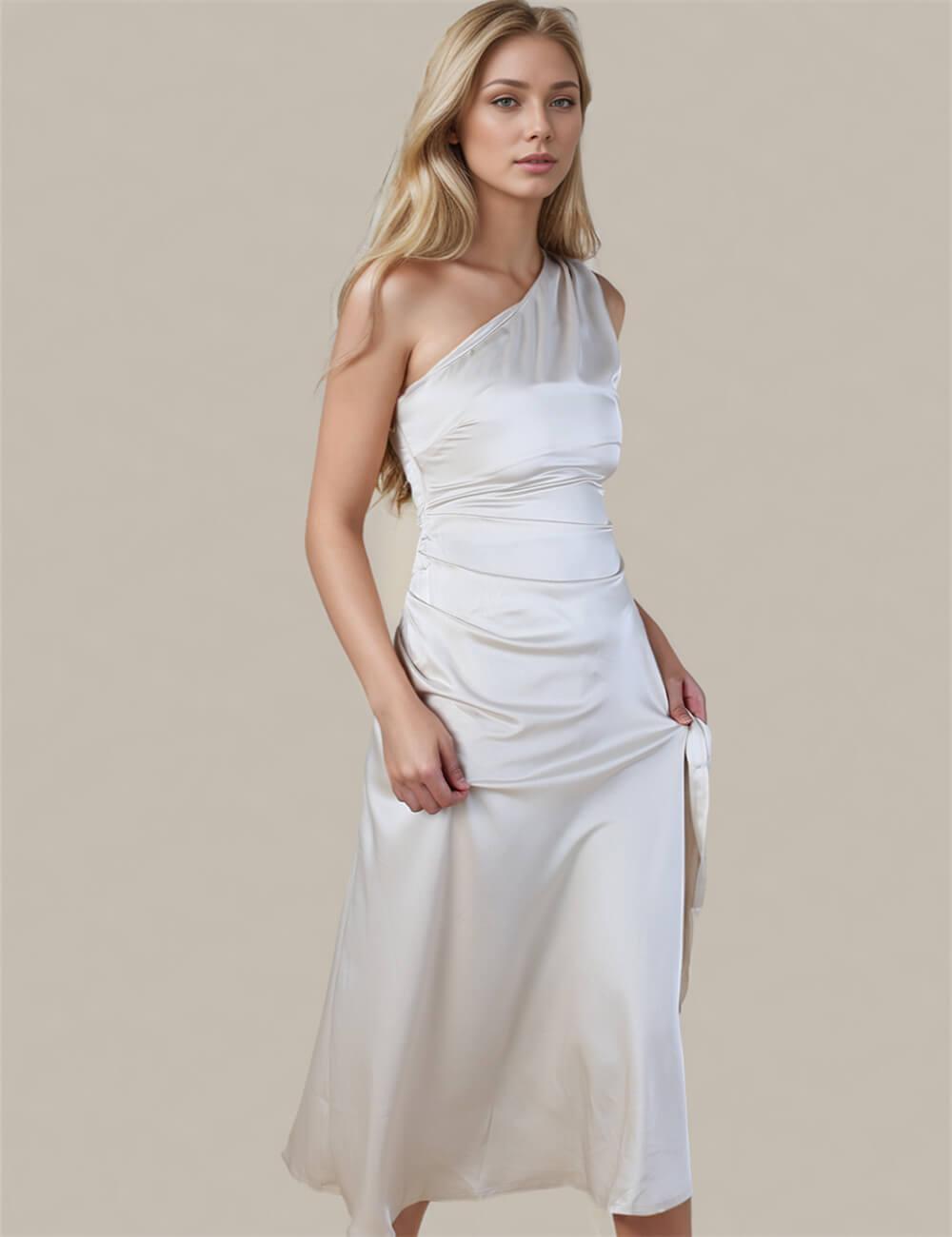 Ladies One Shoulder Satin Midi Dress SKD0761