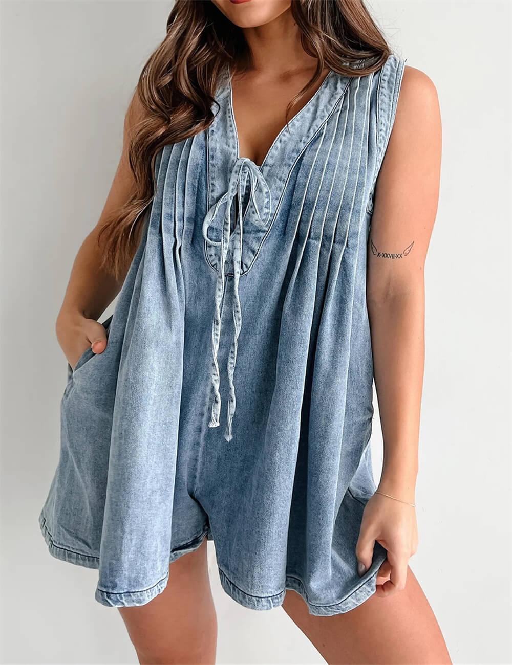 Ladies Tie Front V Neck Sleeveless Denim Jumpsuit 9025