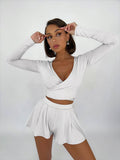 Deep V-Neck Short Top Loose Shorts Ladies Set 2Z2054B - SWEETKAMA